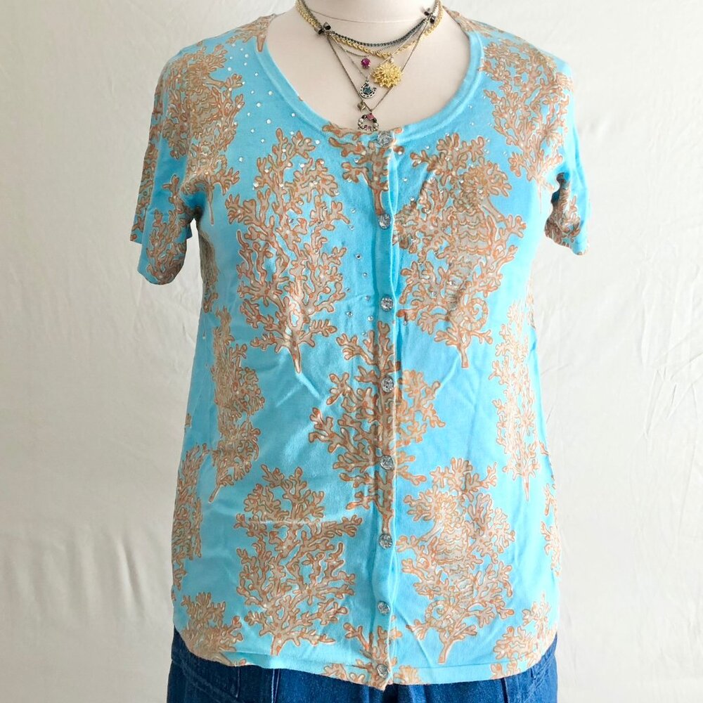 Sea Coral Pattern Knit Top Aqua Blue